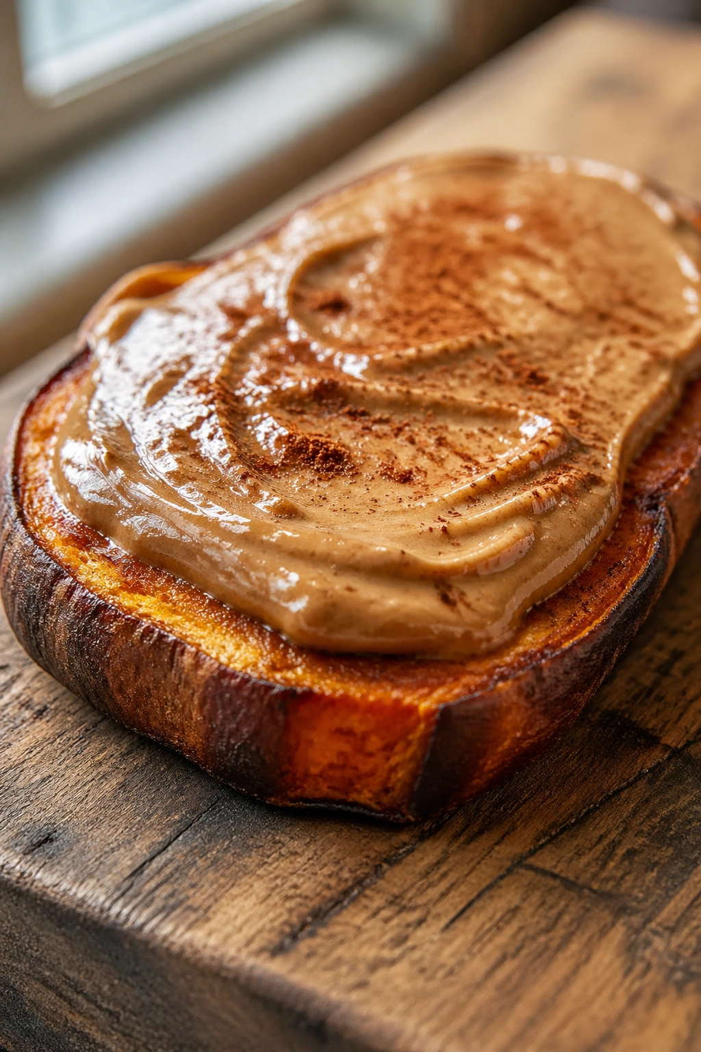 Close-up of sweet potato toast with almond butter on a wooden board in a bright kitchen