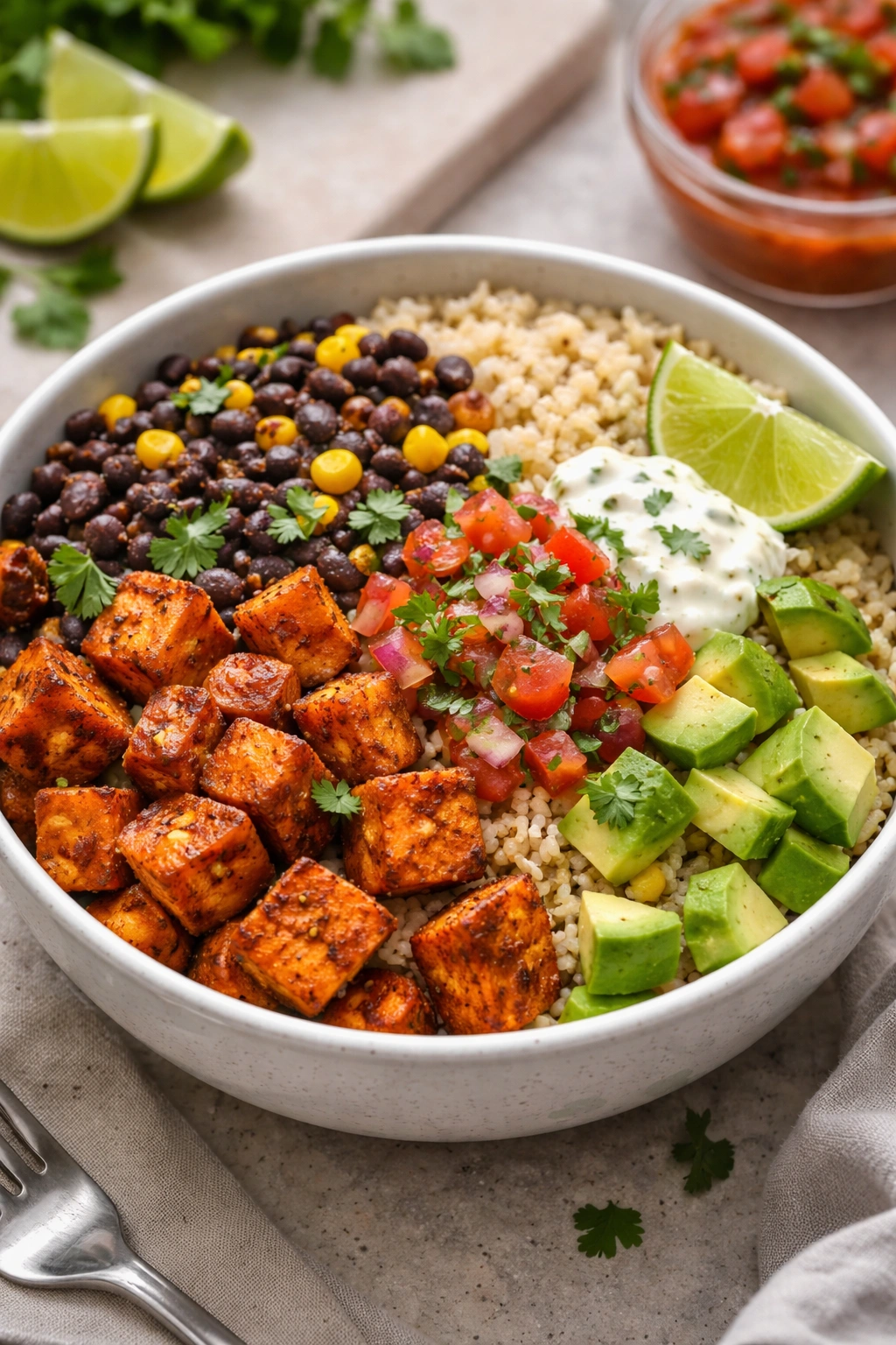 Burrito bowl with roasted sweet potato, black beans, and rice on a kitchen counter.