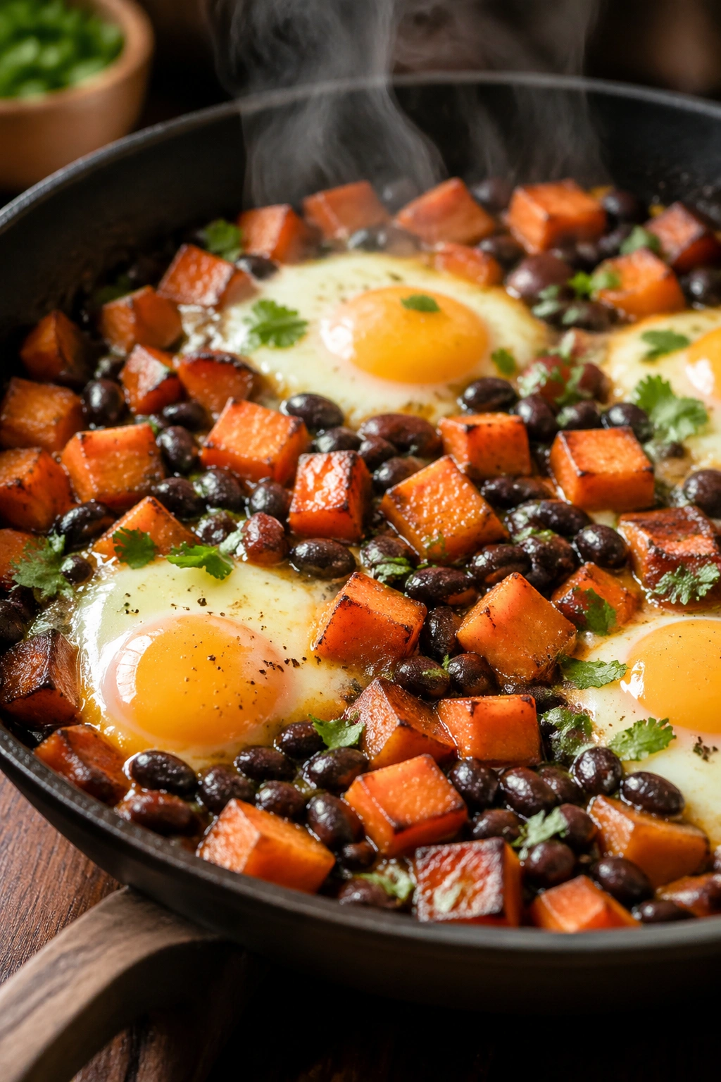 Skillet with sweet potato, beans, and eggs in a home kitchen