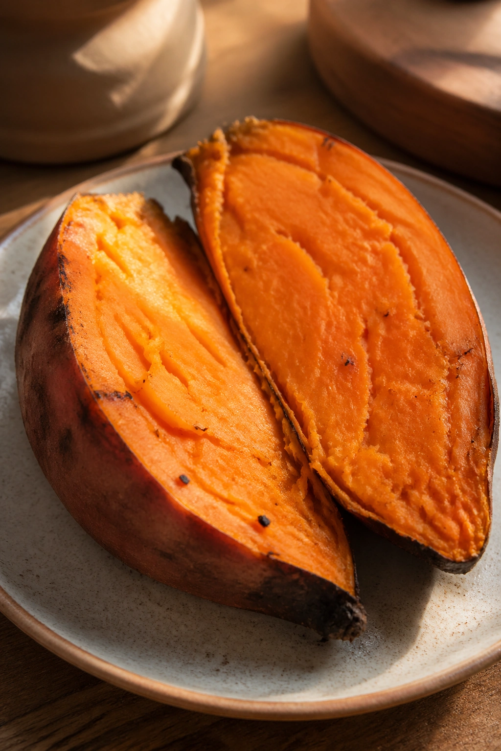 Roasted sweet potato half on a plate in warm kitchen light