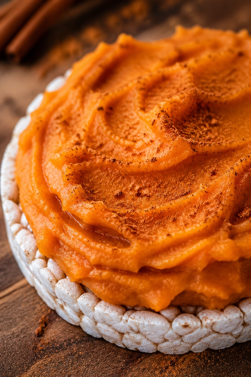 Rice cake topped with mashed sweet potato and cinnamon