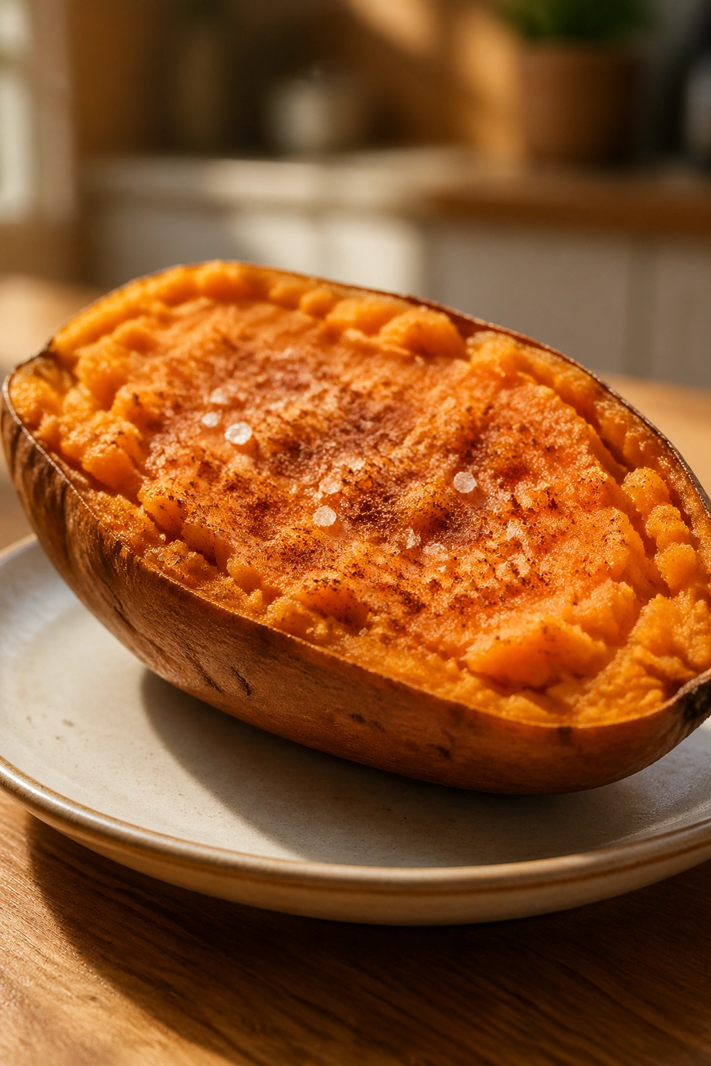 Close-up of half baked sweet potato with cinnamon and salt on a plate in warm kitchen light.