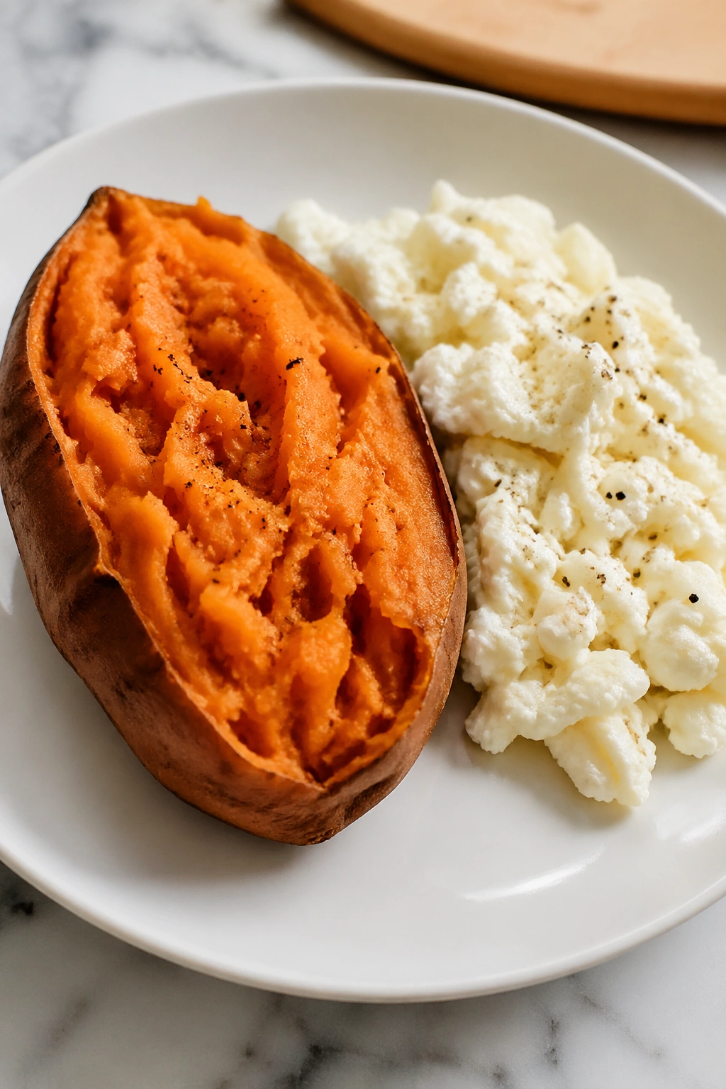 Medium close-up of a baked sweet potato with egg whites on a plate