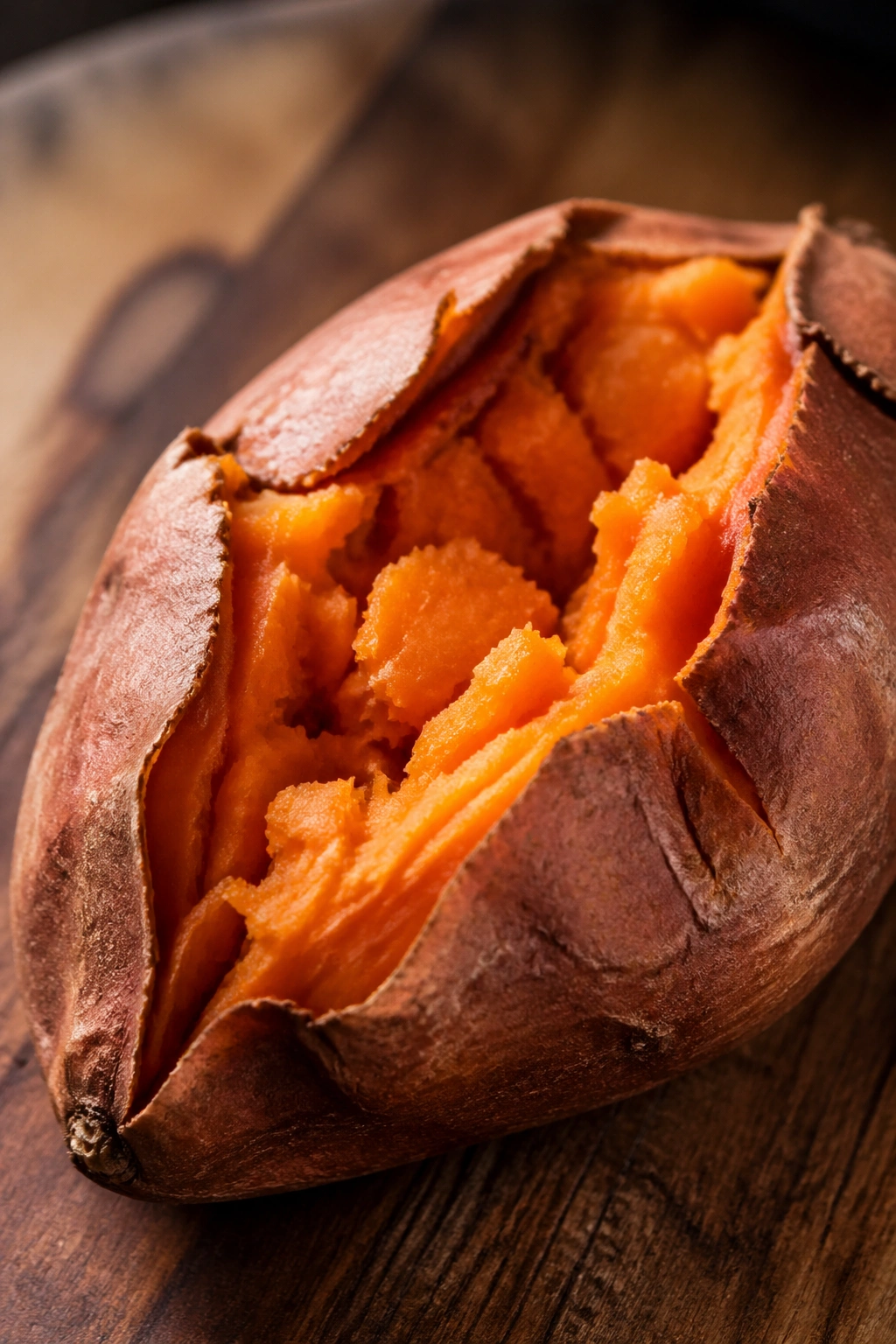Medium baked sweet potato cut open to show orange flesh