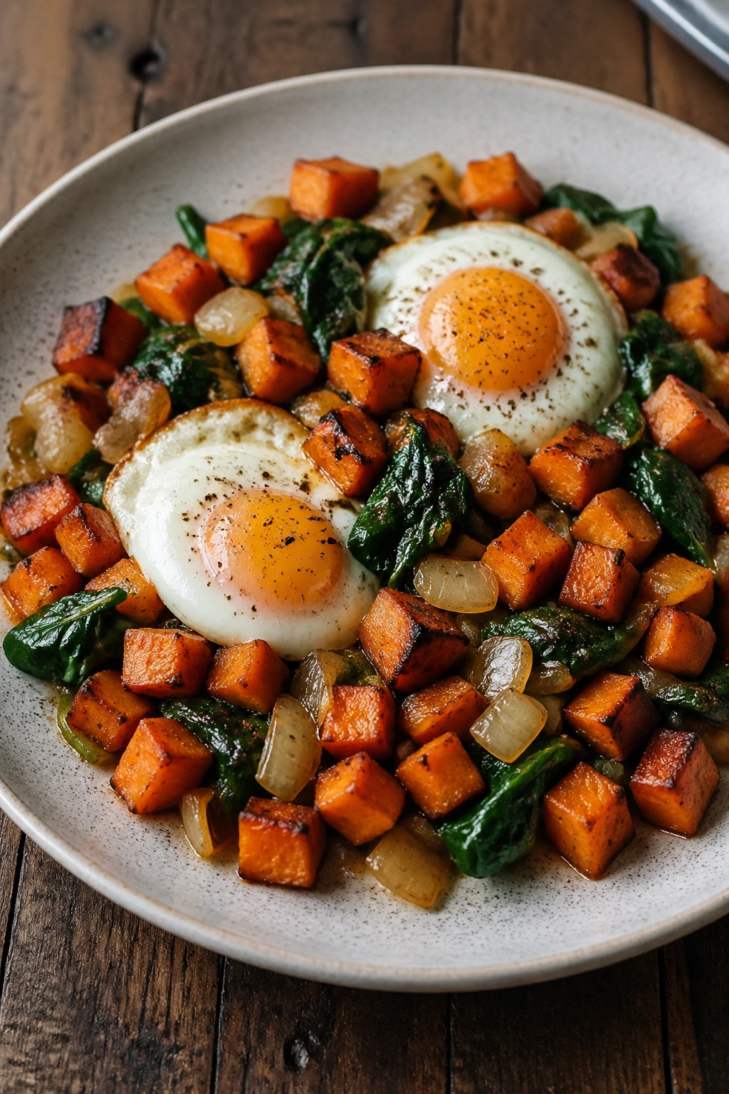 Close-up of sweet potato egg breakfast hash on a plate with spinach and onions