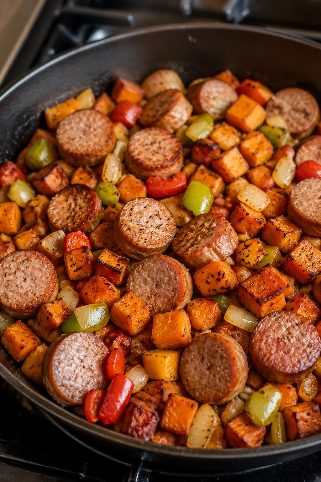 Skillet of sweet potato hash with turkey sausage on the stove
