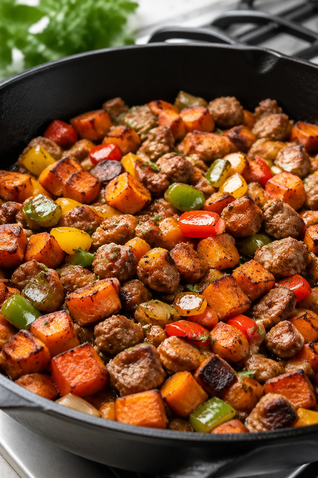 Skillet of sweet potato hash with turkey sausage and peppers