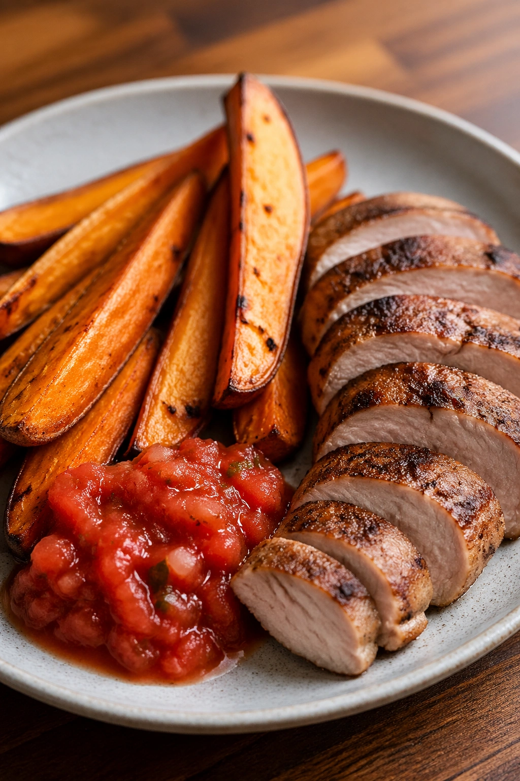 Plate with sweet potato, lean meat, and salsa for pre-workout meal