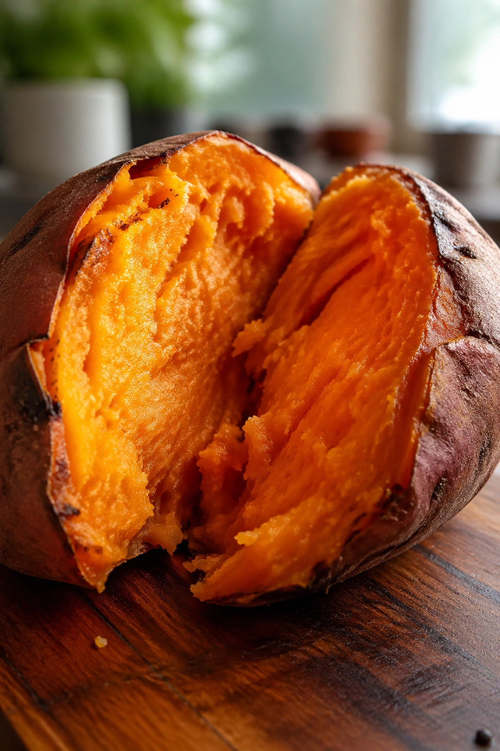 Halved roasted sweet potato with orange flesh