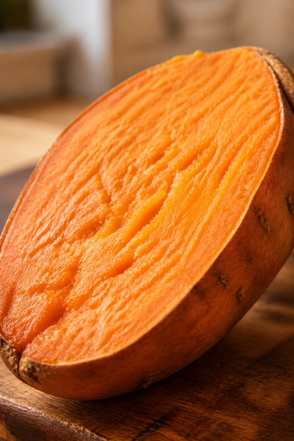 Close-up of half sweet potato with orange flesh on cutting board
