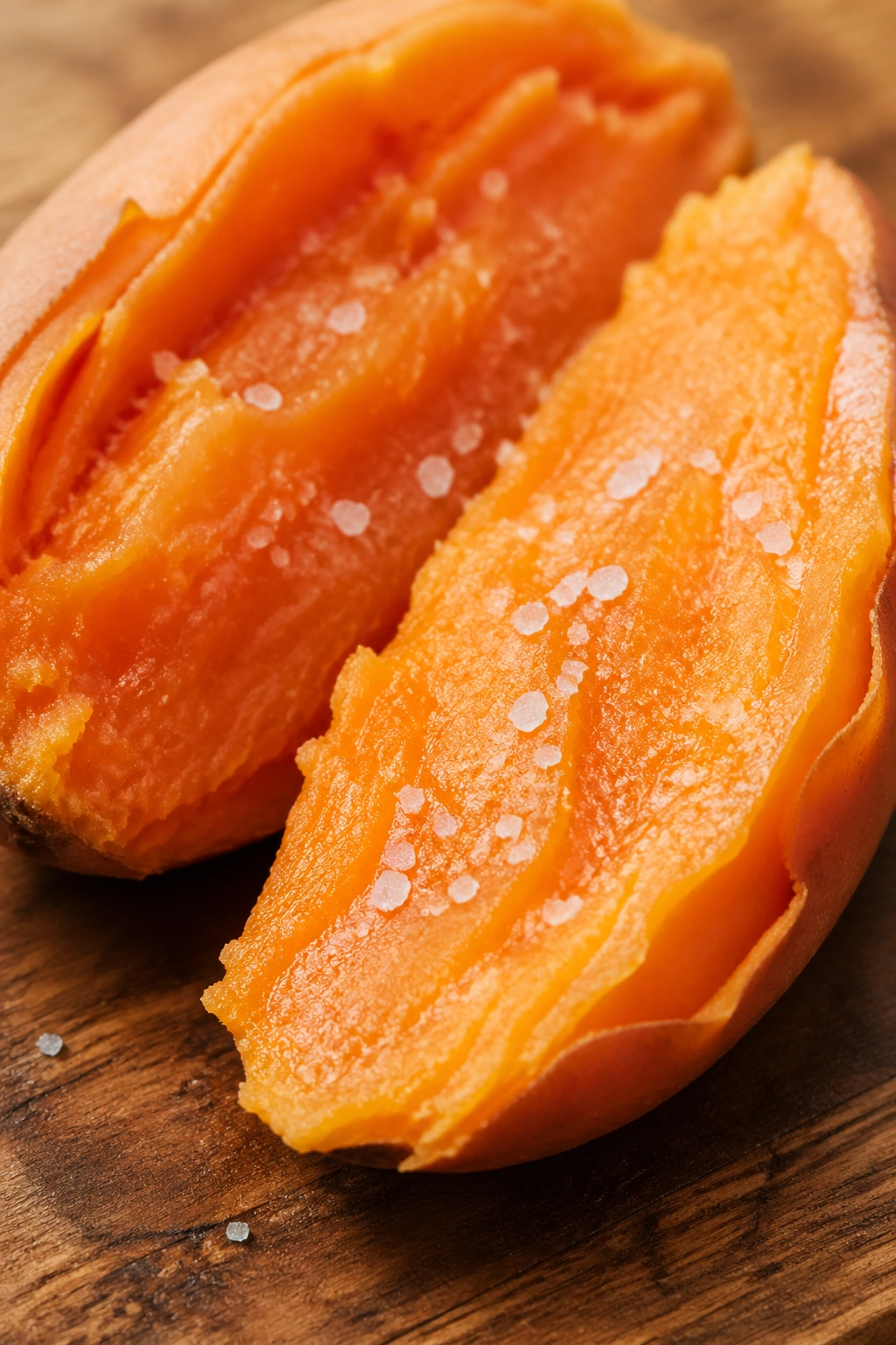 Halved roasted sweet potato with a pinch of salt