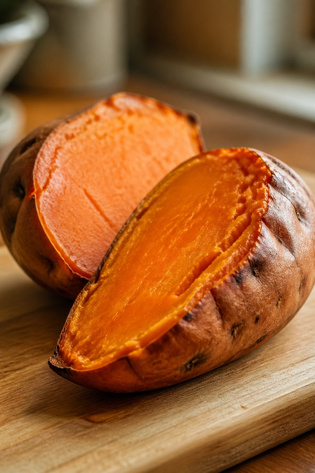 Close-up of a roasted sweet potato half on a wooden board in a kitchen.