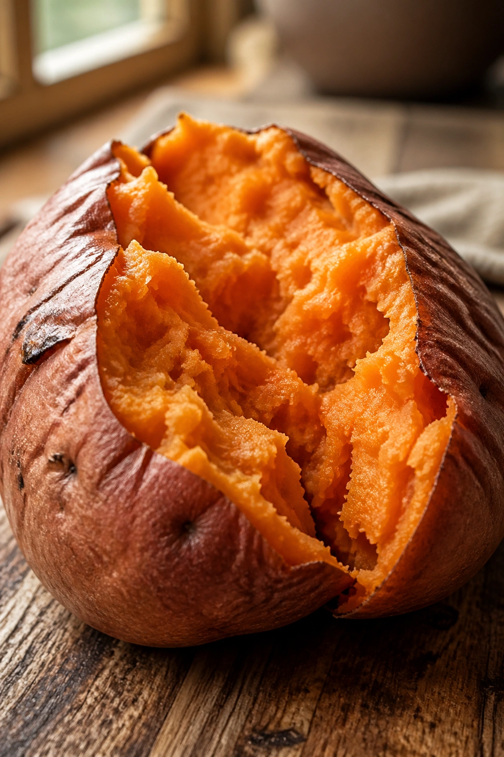 Close-up of a baked sweet potato cut open to reveal orange flesh on a rustic wooden board