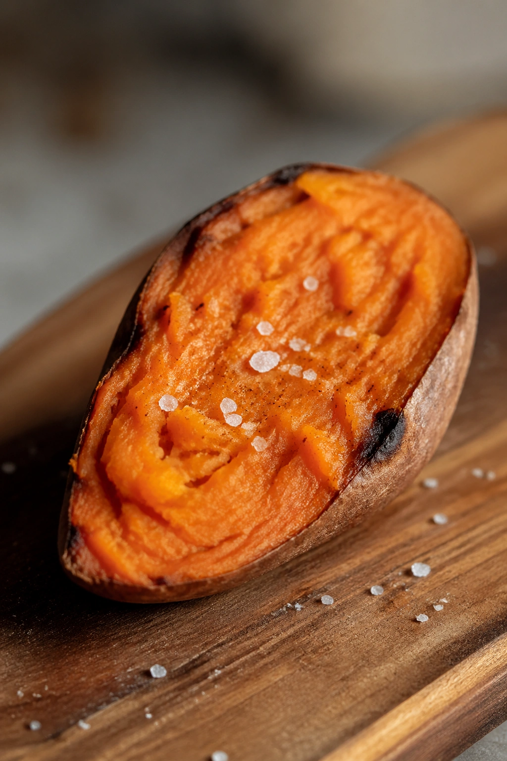 Close-up of a roasted sweet potato half with a pinch of salt on a wooden surface.