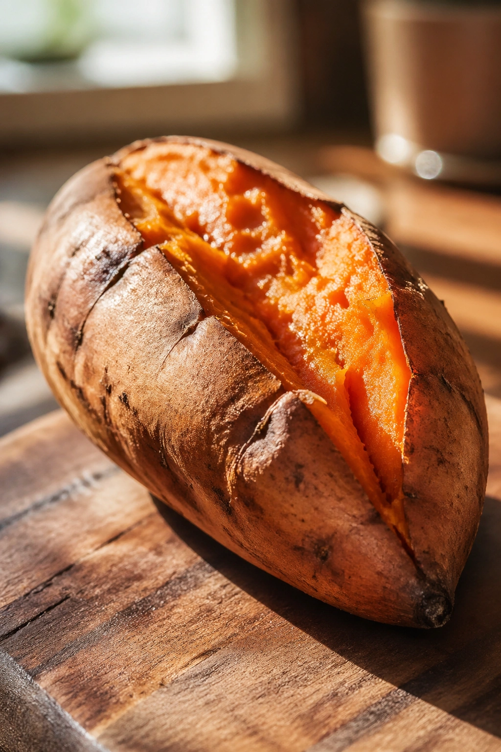 Close-up of a baked sweet potato on a wooden board in a sunlit kitchen