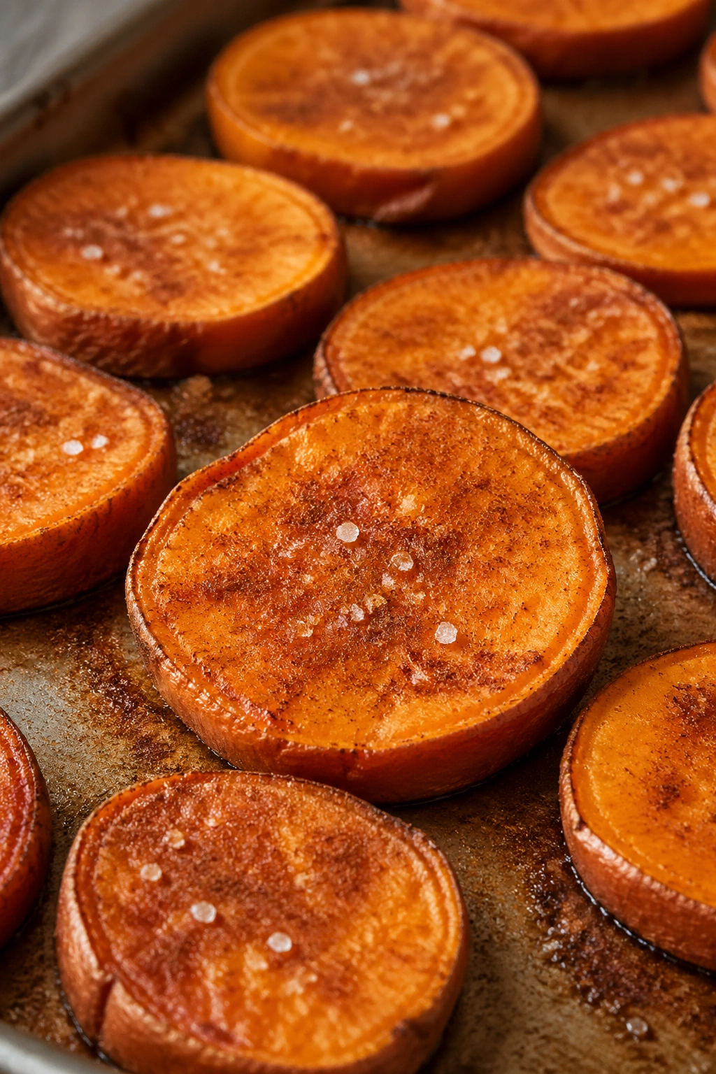 Roasted sweet potato rounds with cinnamon on a plate