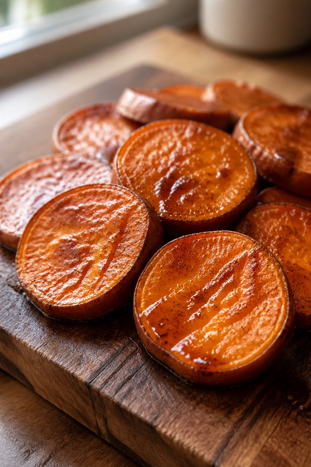 Close-up of roasted sweet potato rounds with cinnamon maple glaze on a wooden board