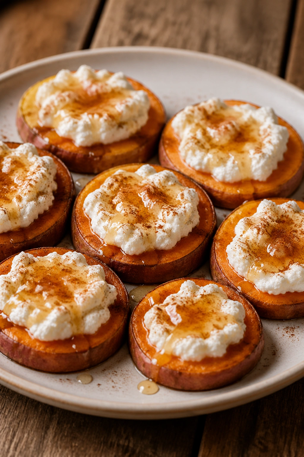 Sweet potato rounds topped with ricotta on a plate