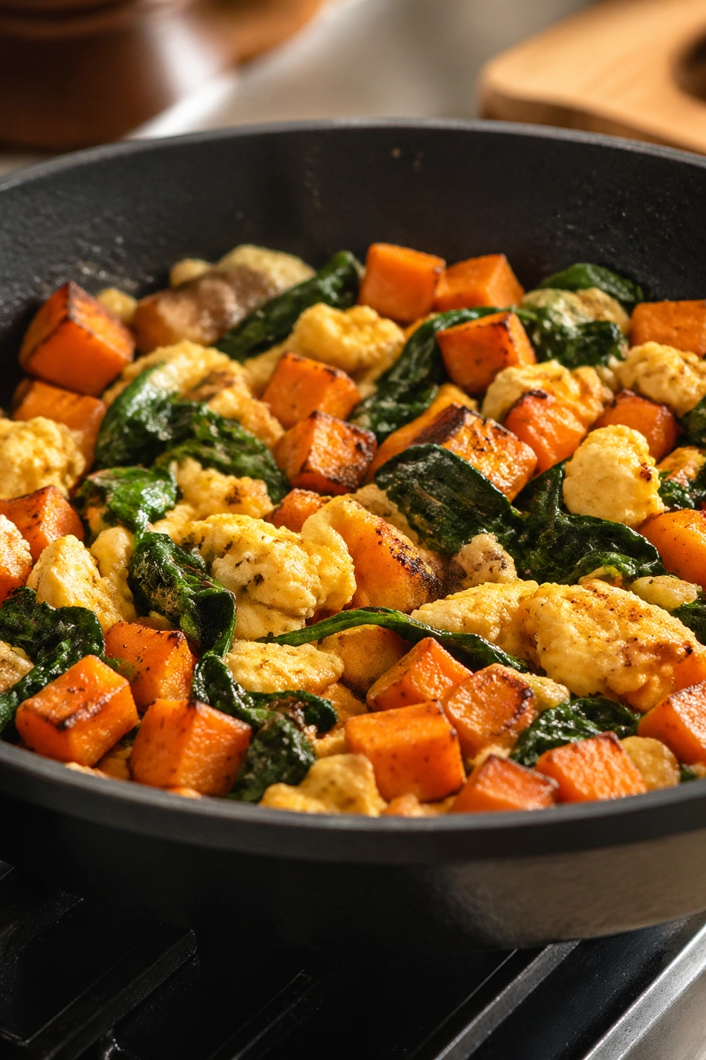 Skillet scramble with sweet potatoes and spinach, close-up.