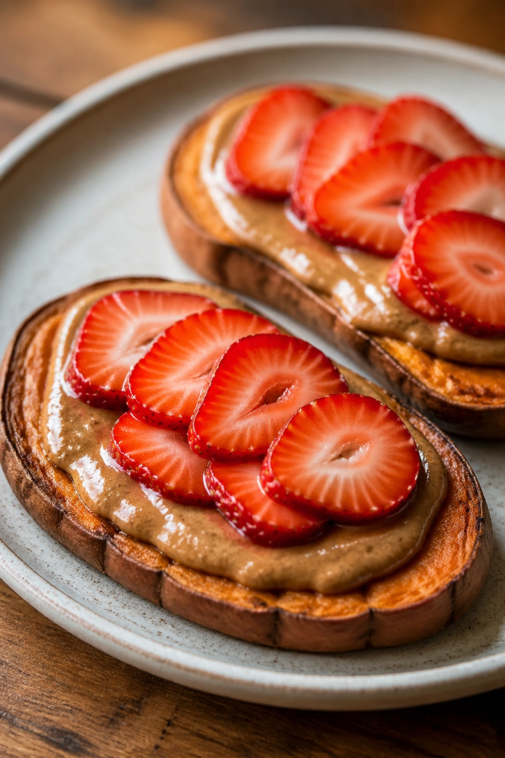 Close-up of sweet potato toast with nut butter and strawberries on a plate