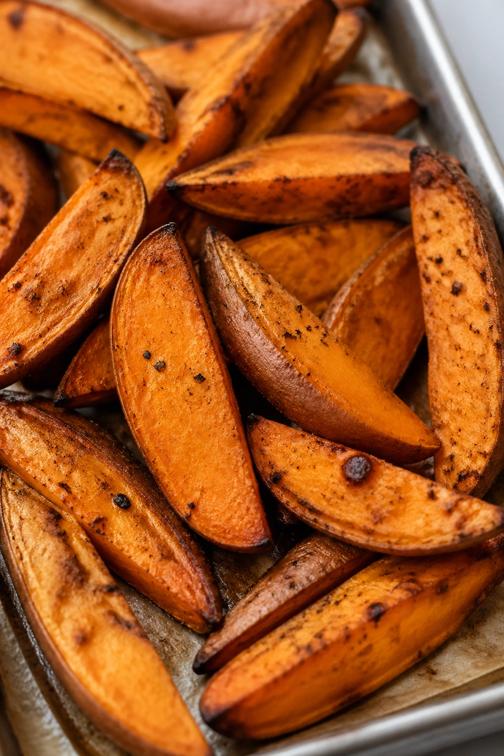 Close-up of roasted sweet potato wedges on a baking sheet