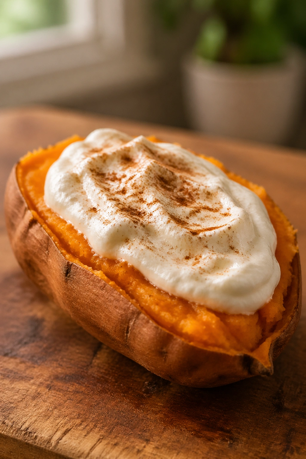 Close-up of a baked sweet potato half with Greek yogurt and cinnamon topping