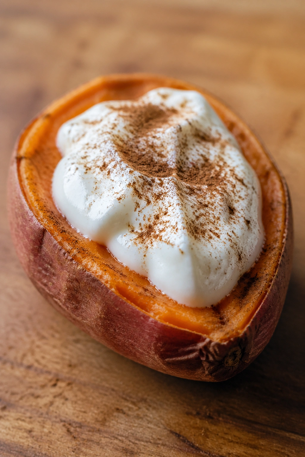Close-up of half mini sweet potato with Greek yogurt and cinnamon on a wooden board