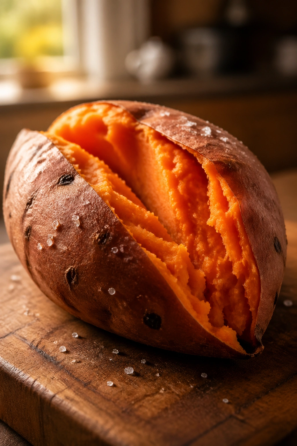 Close-up of baked sweet potato half with orange flesh and salt on a wooden board