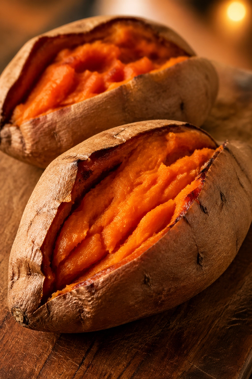 Two baked sweet potatoes filling the frame on a cutting board