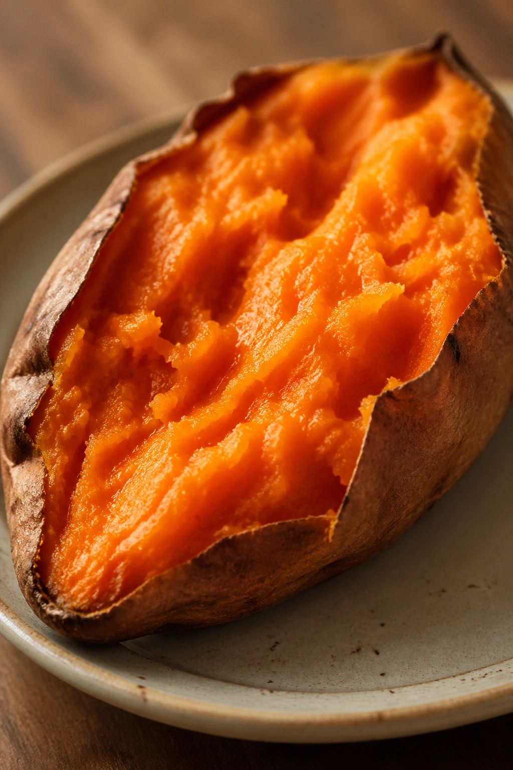 Roasted sweet potato half on plate with vibrant orange flesh