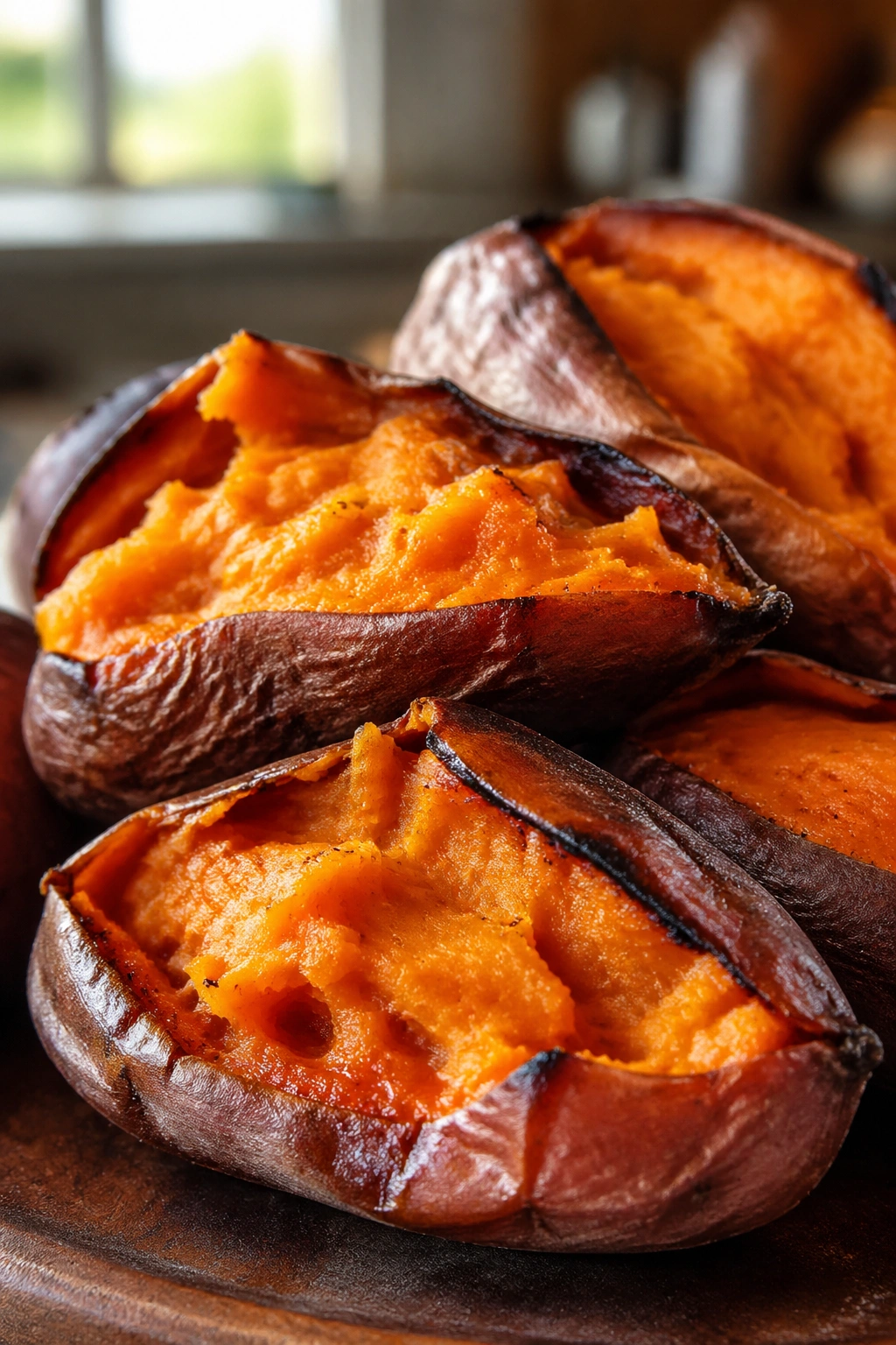 Roasted sweet potatoes on wooden board