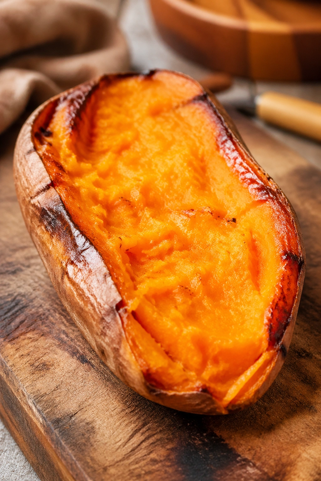 Roasted sweet potato half on wooden board; post-workout carb