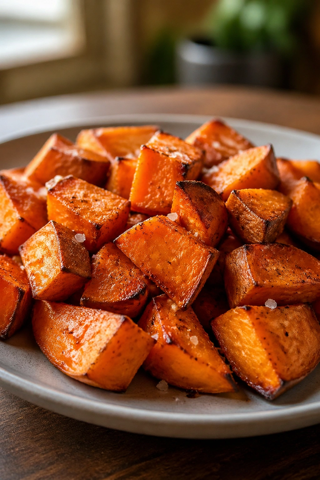 Roasted sweet potato cubes on a plate with olive oil and salt in warm kitchen light