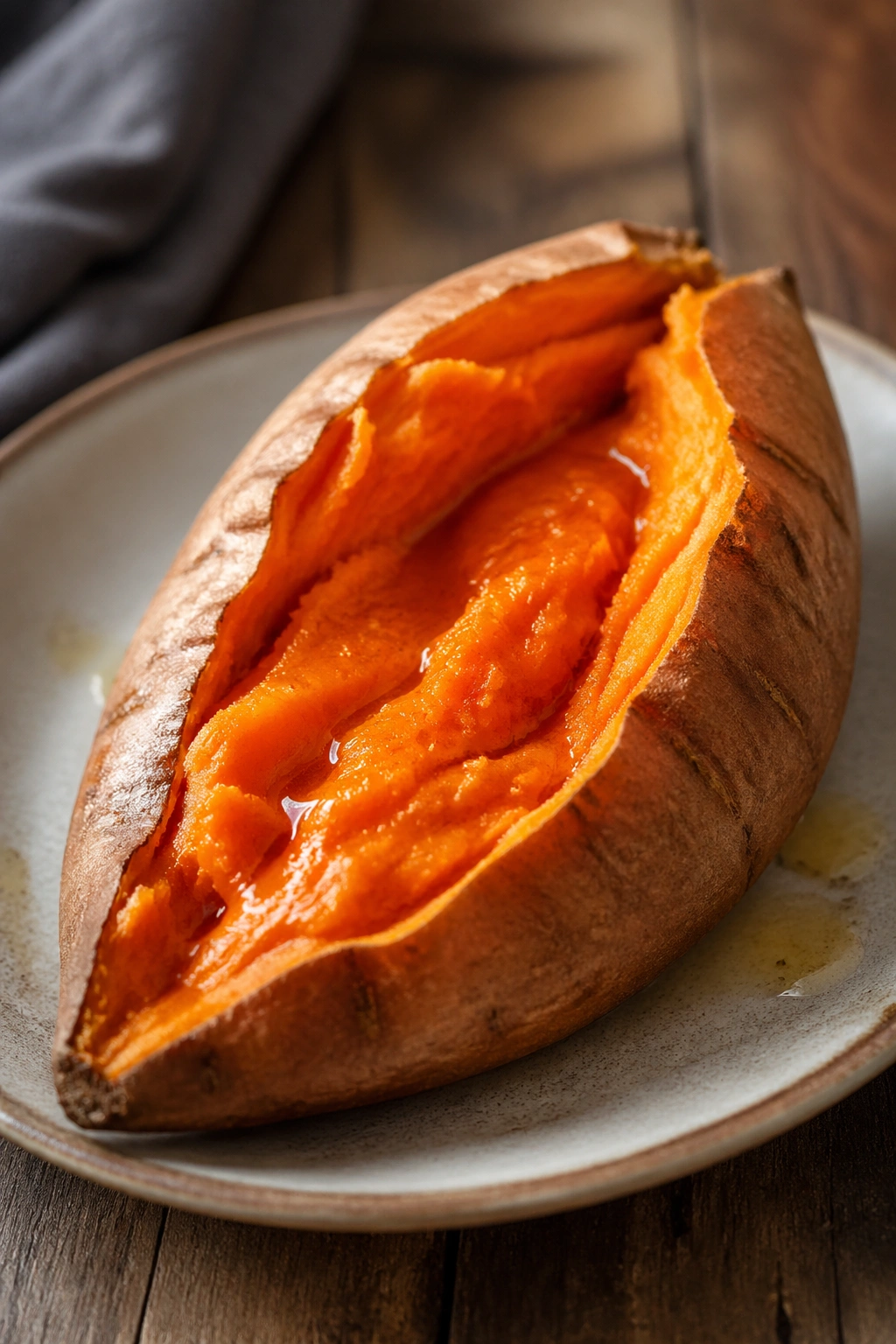 Close-up baked sweet potato half on a plate with warm lighting