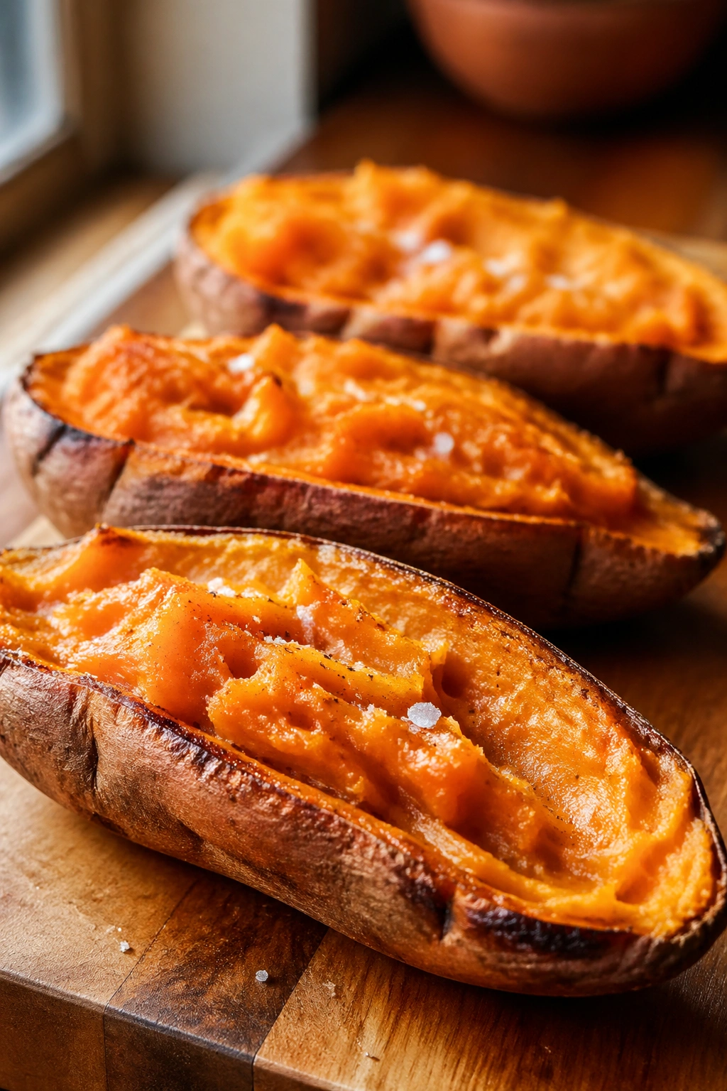 Close-up of roasted sweet potato halves on a wooden board in a sunny kitchen
