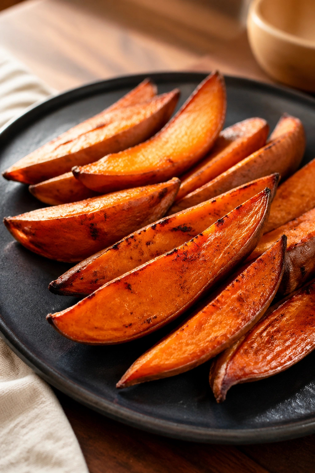 Roasted sweet potato wedges on a plate