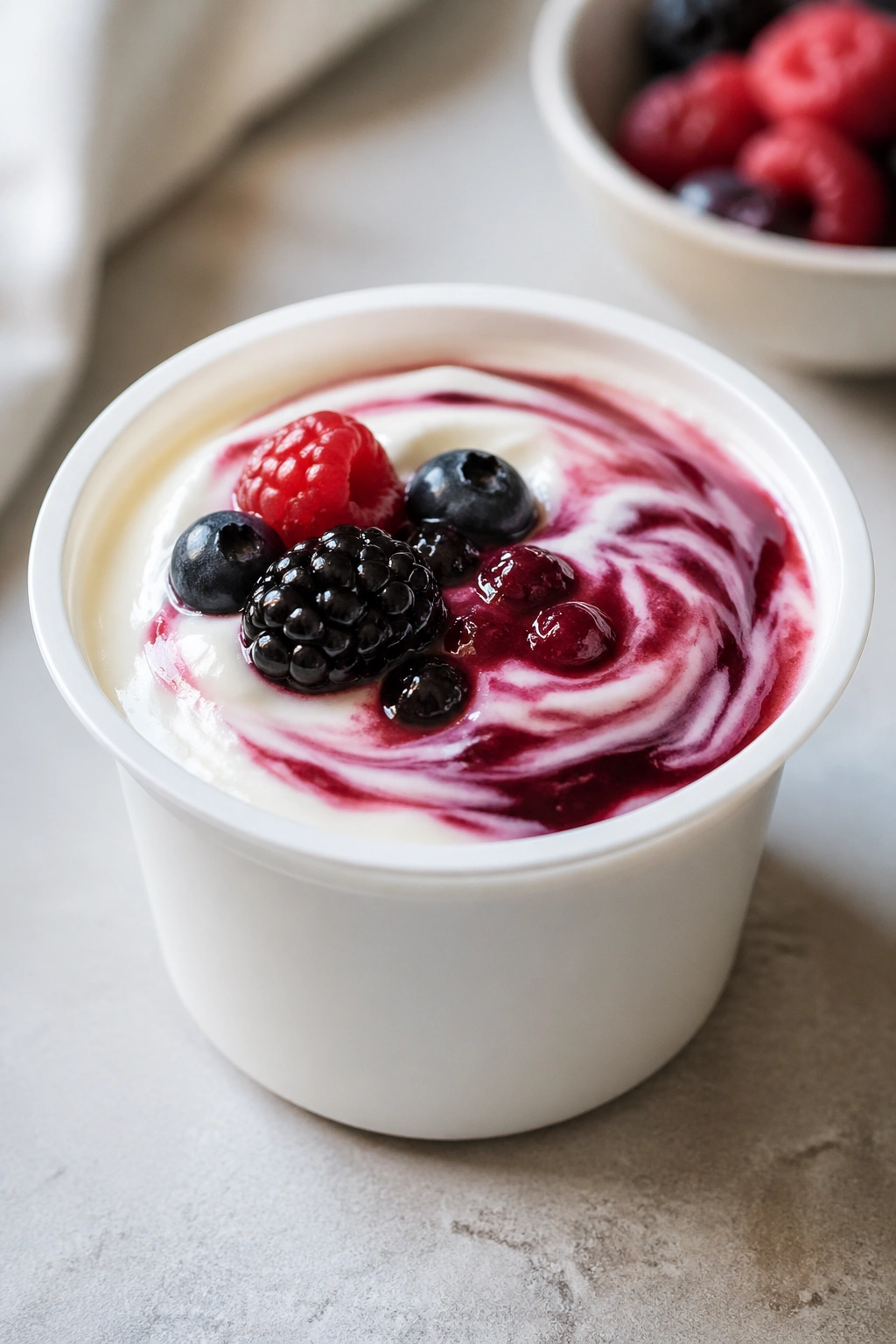 Close-up of a plain white yogurt cup topped with berry swirl.
