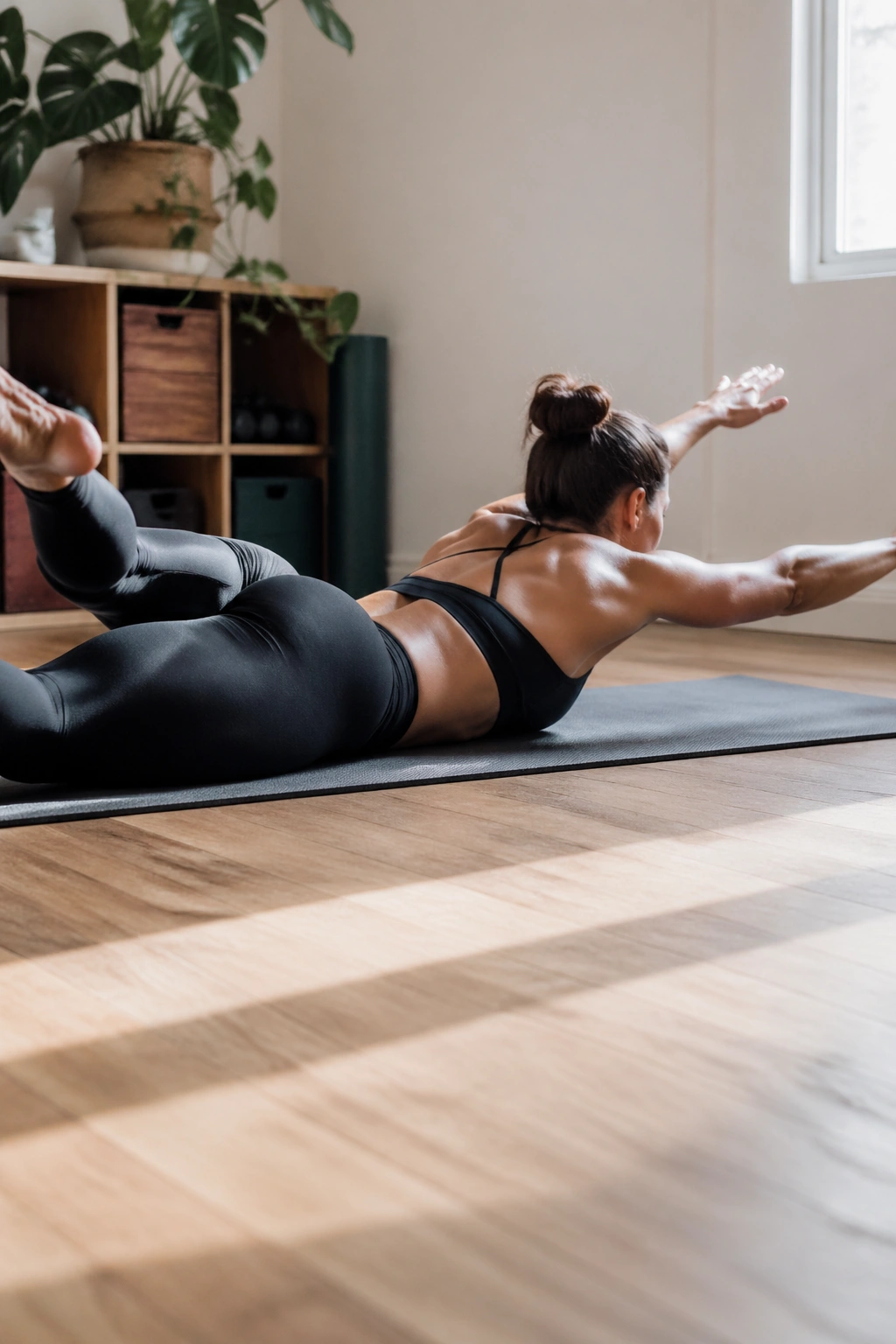 Back view of a person swimming motion on a mat to wake the back muscles