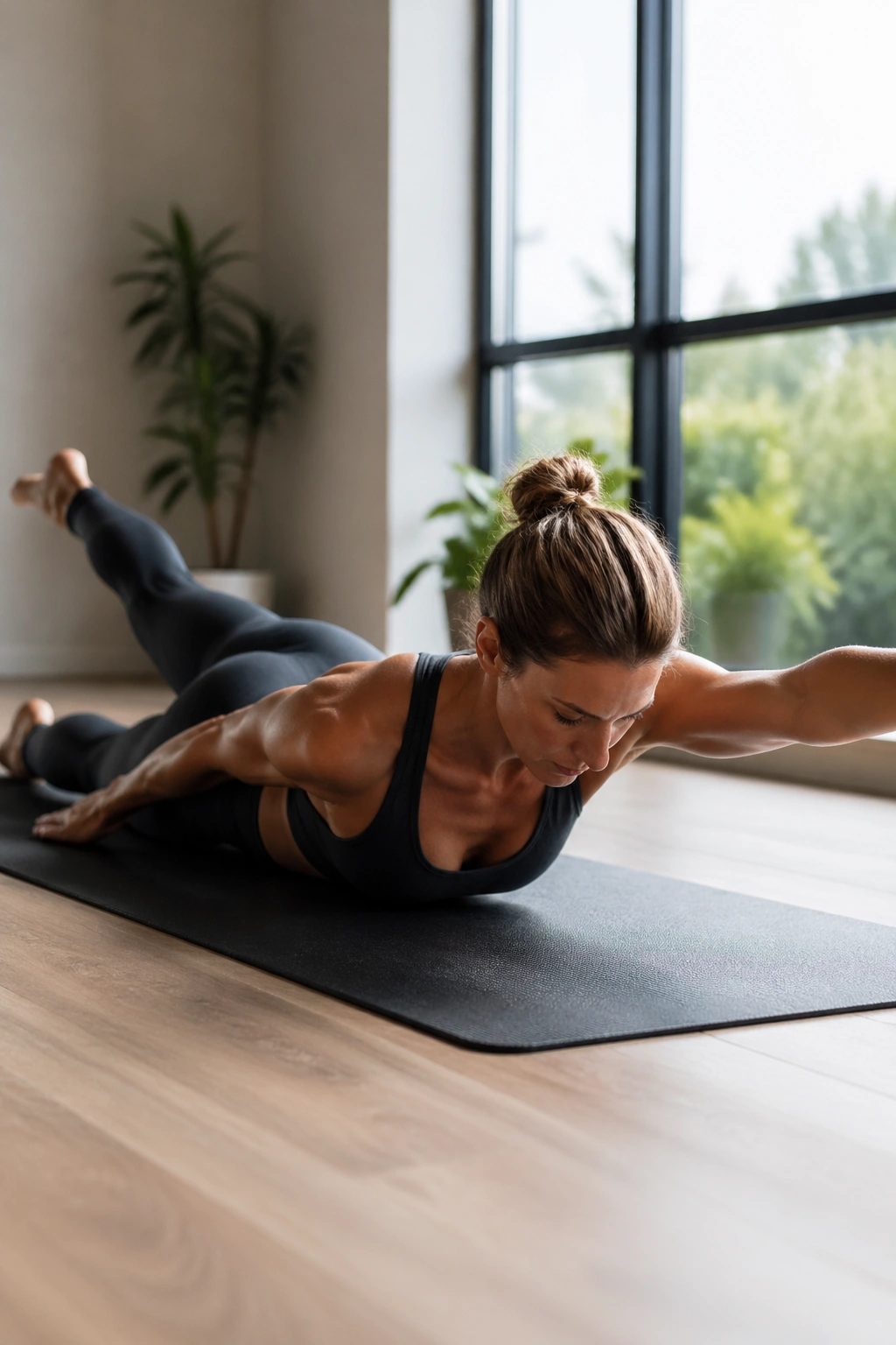 Close-up of Swimming exercise on mat with opposite arm and leg lifted