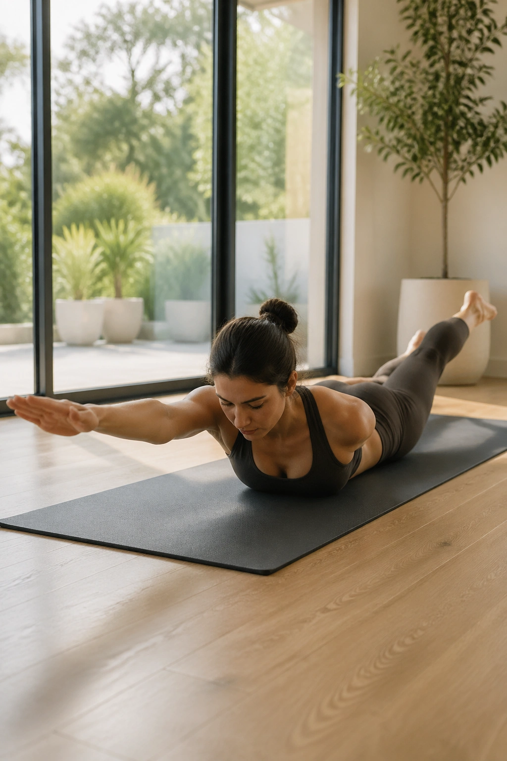 Real person performing Swimming exercise on a mat in a well-lit room