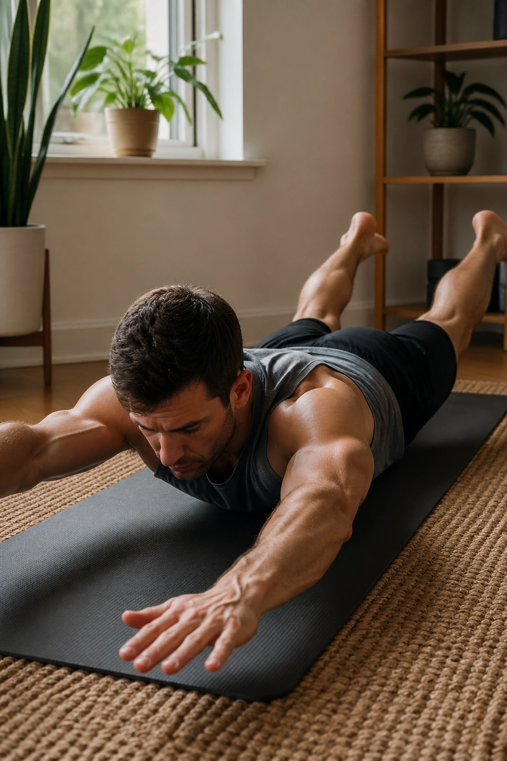 Prone swimming motion focused on back muscles in a home setting.
