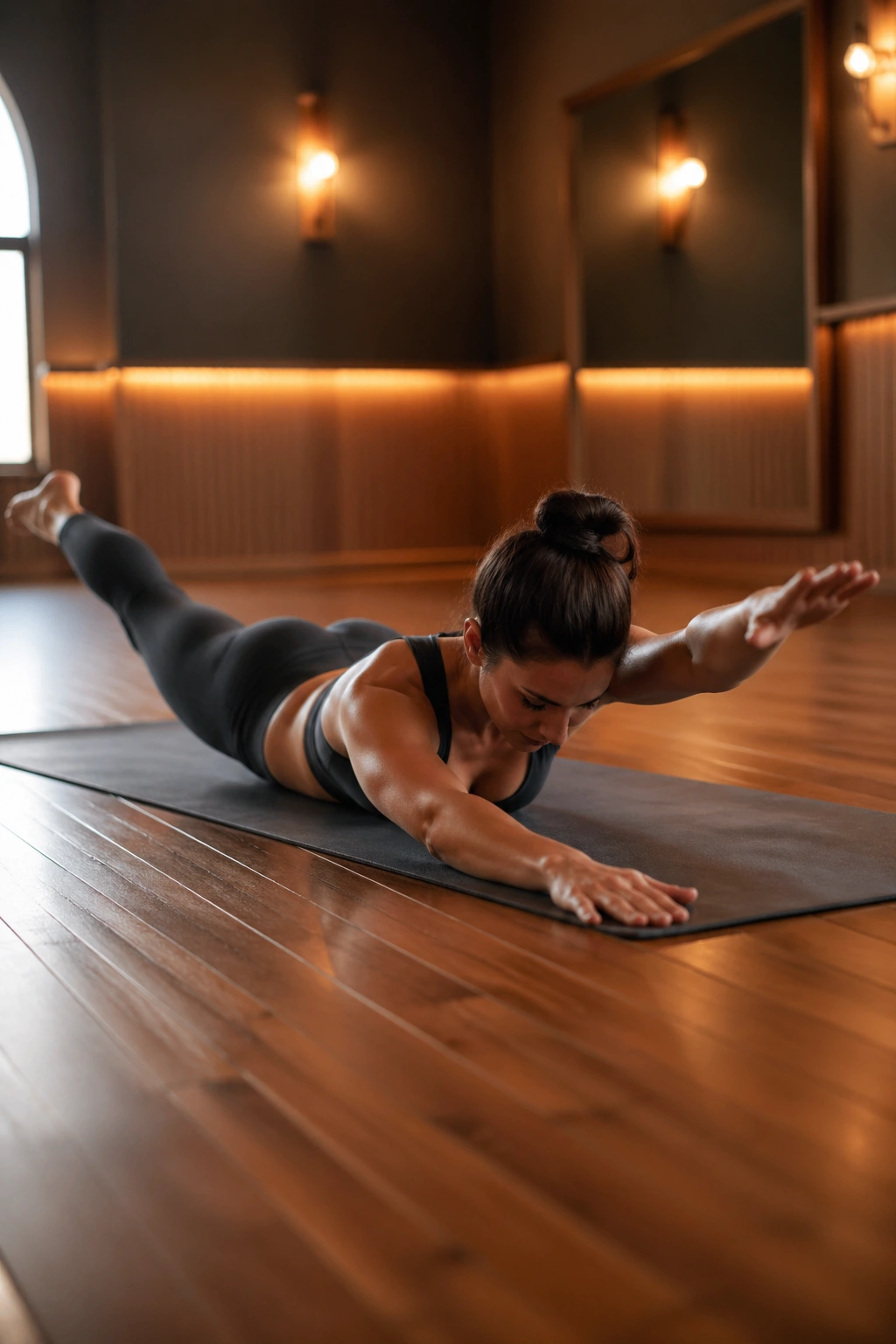 Medium close-up of swimming exercise on mat in warm studio
