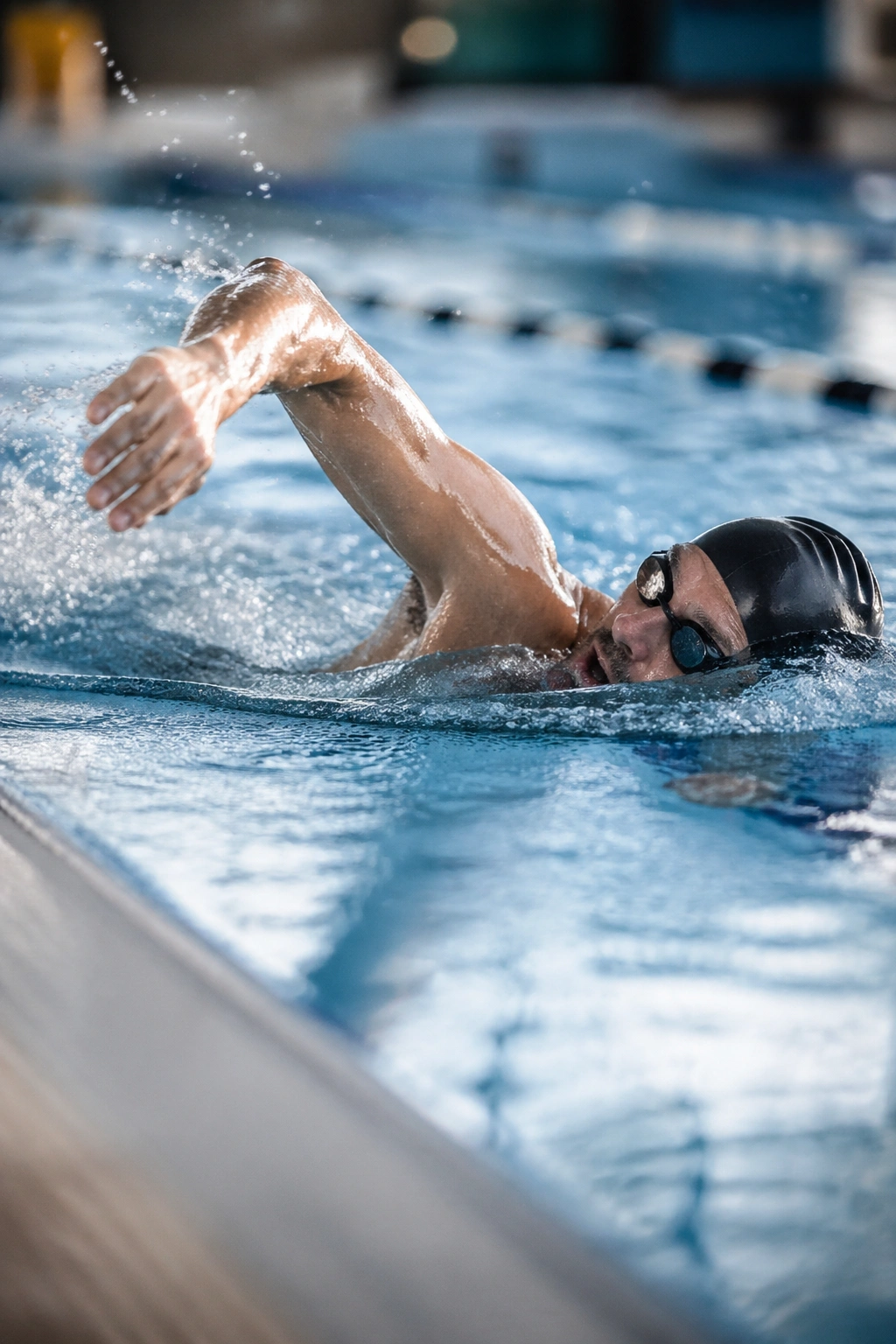 Swimmer in pool performing freestyle interval