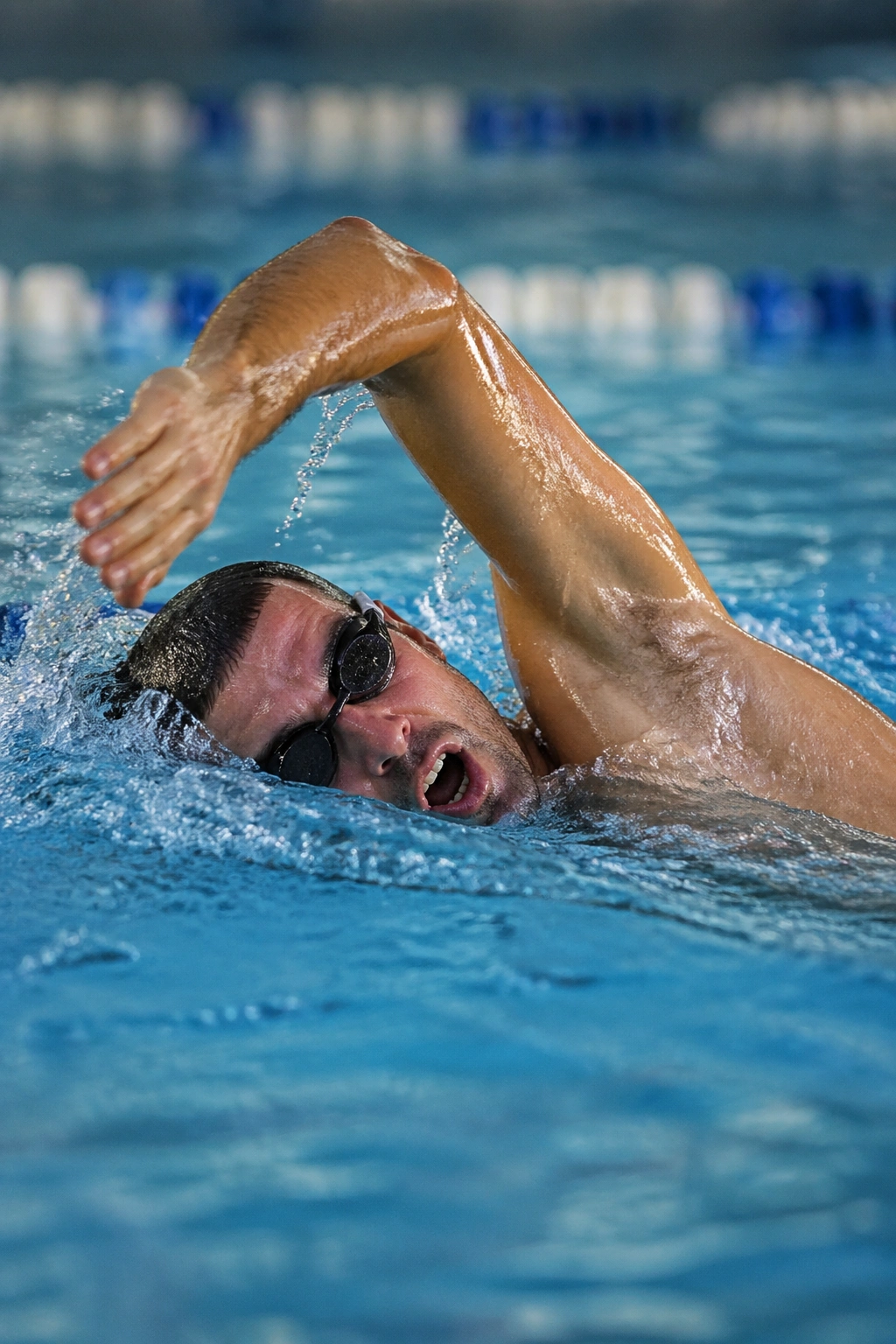 Swimmer performing laps in pool with water ripples