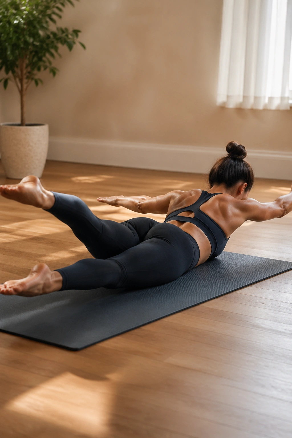 Person performing swimming exercise on a mat, arms and legs lifted in small pulses.