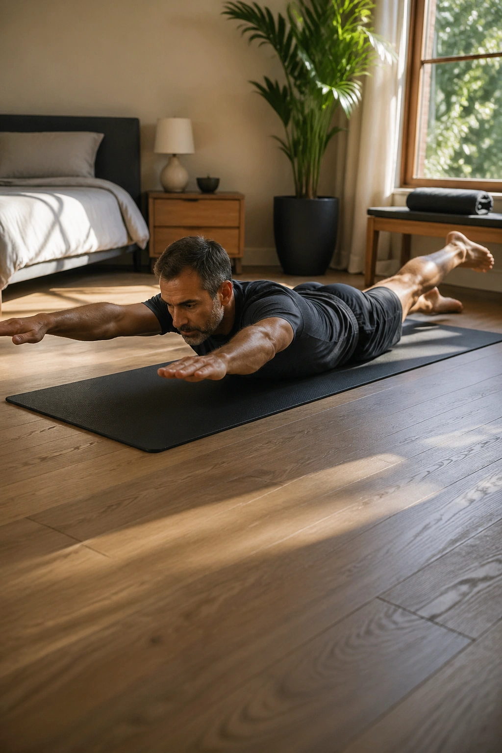 Man performing swimming exercise on Pilates mat