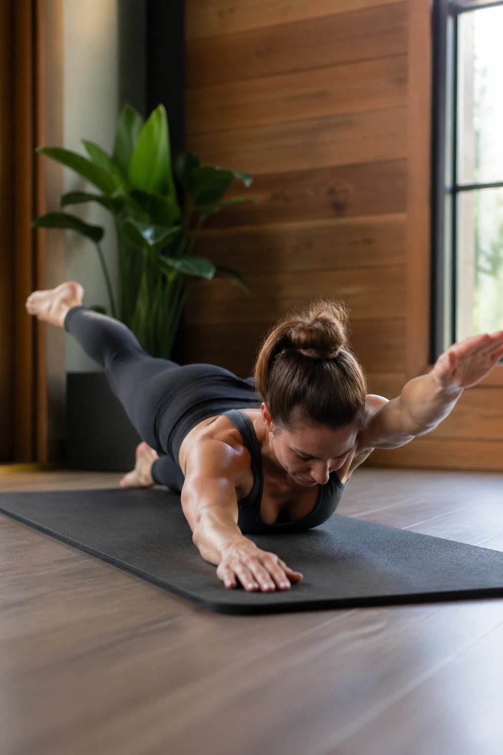 Close-up of a person performing Swimming Prep on a mat with opposing arm and leg extending