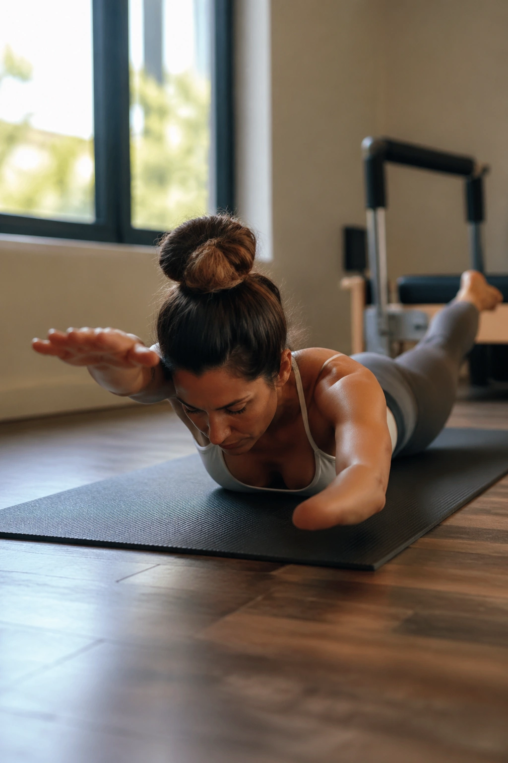 Medium-close portrait of a person performing Swimming Prep on a mat with opposite arm and leg lifted