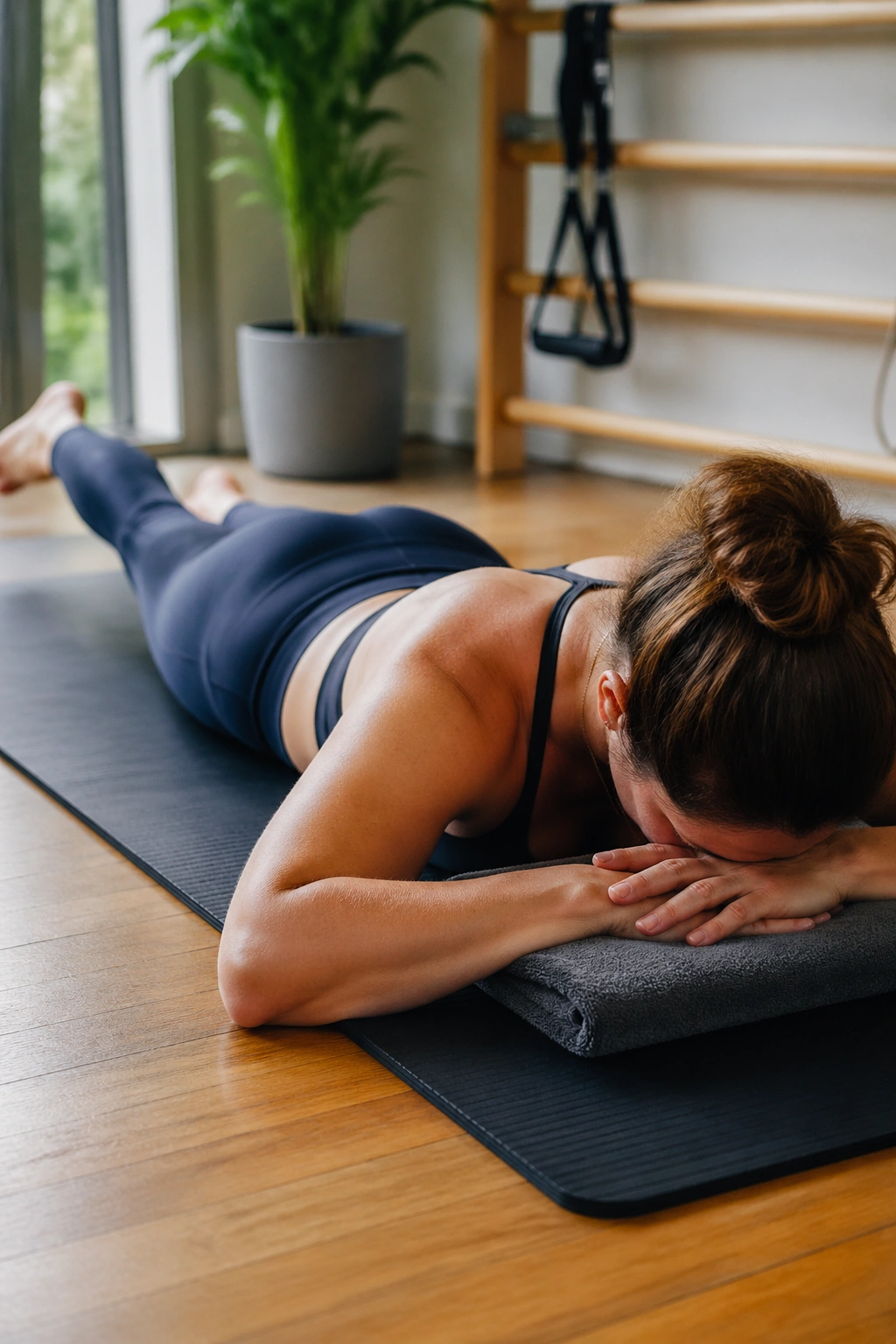 Medium close-up of a person performing Swimming Prep on a mat with forehead on hands and a small leg lift.