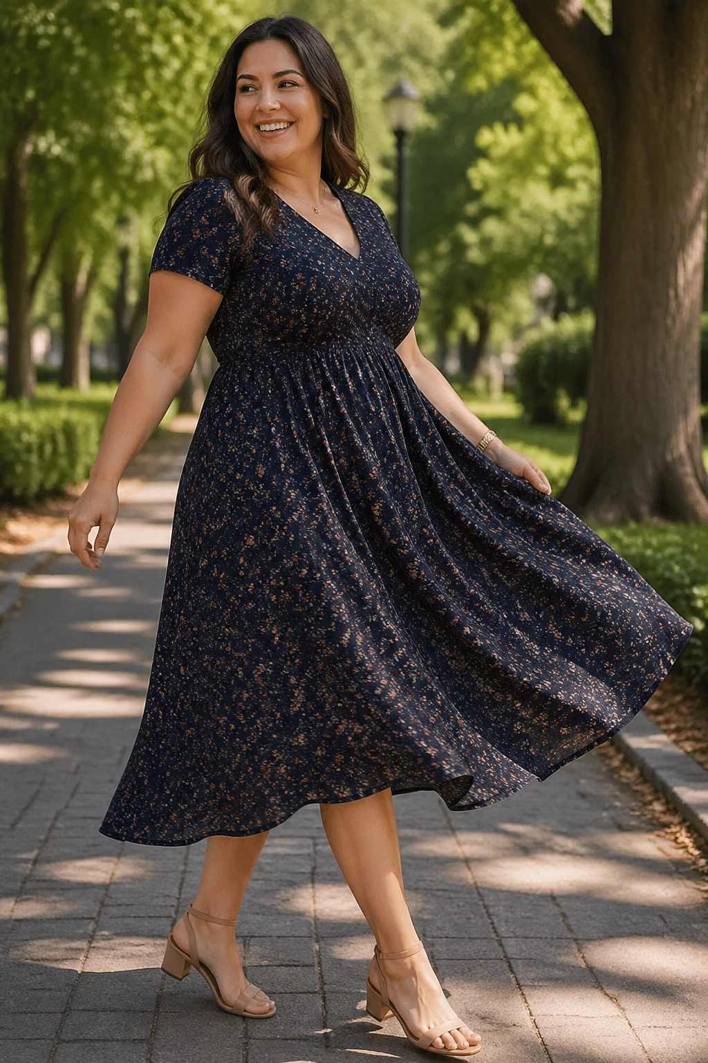 Real woman in swing dress captured mid-step to show movement